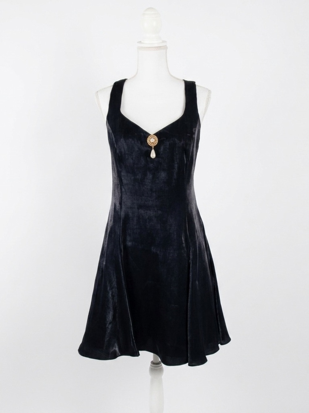 VTG 80s Susan Roselli Vijack Metallic FitFlare Mini Dress Brooch Cage Back ILGWU